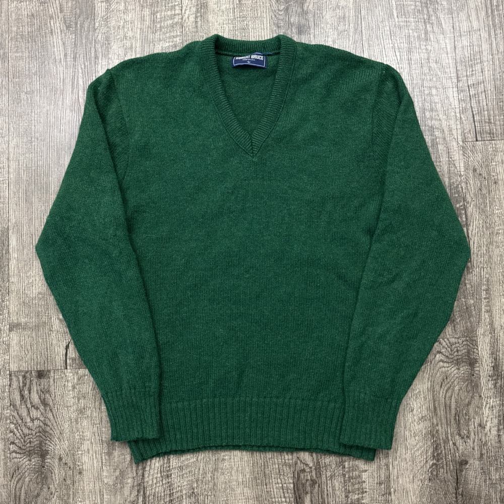 Vintage Robert Bruce Wool Blend V-Neck Sweater Green Preppy Grandpa L
